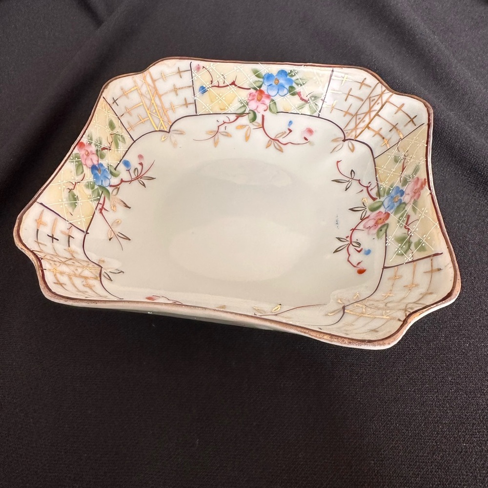 Vintage Floral Square Porcelain Hand-Painted Dish Gold-Gilt Trim